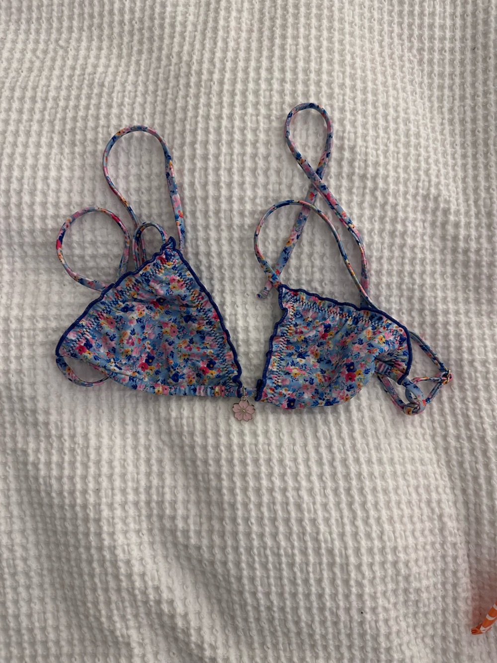 Strawberry Milk Mob Blue Floral Triangle Bikini Top with Pink Flower Charm